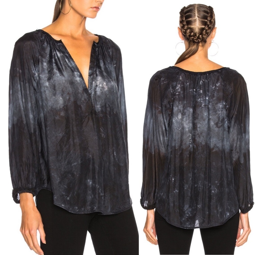 Raquel Allegra Windsor Silk Blouse Dark Blue Black Tie Dye Peasant Sleeve 1